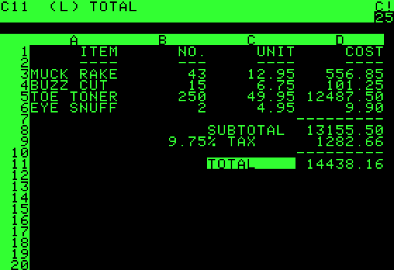 Fig. 1. Screenshot of Visicalc in 1979. About 20 rows in 4 columns were all that could be viewed in the typical, small monochrome monitor!